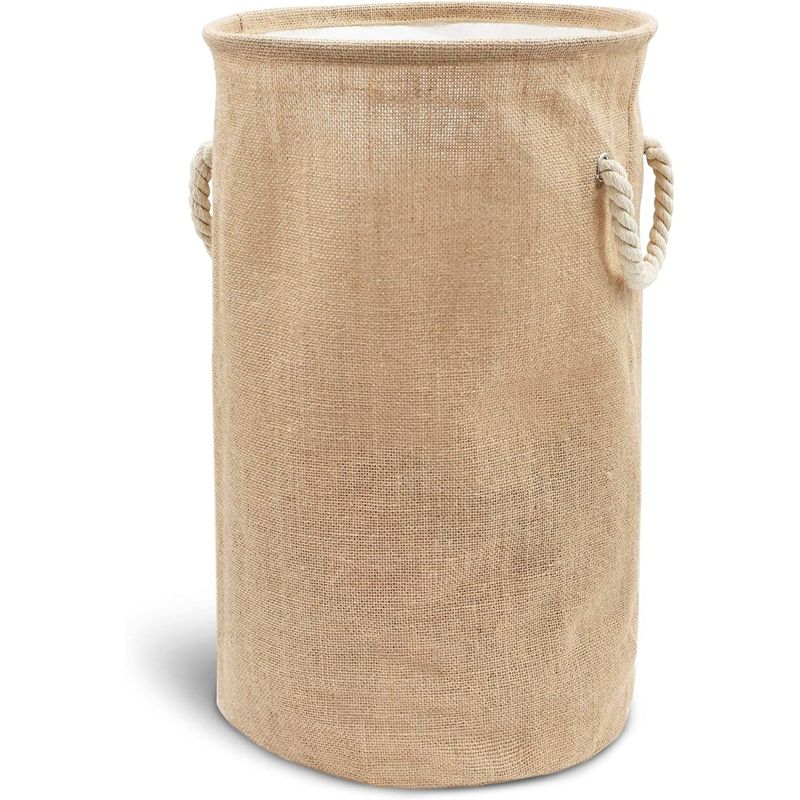 Juvale Large Collapsible Woven Jute Fabric Round Laundry Hamper, Tall Drawstring Blanket Storage Basket with Lid & Handle, Brown 13.4"x22", 1 of 10