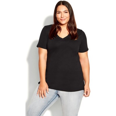 AVENUE | Women's Plus Size V Neck Essential 3/4 Sleeve Tee - black - 26W/28W