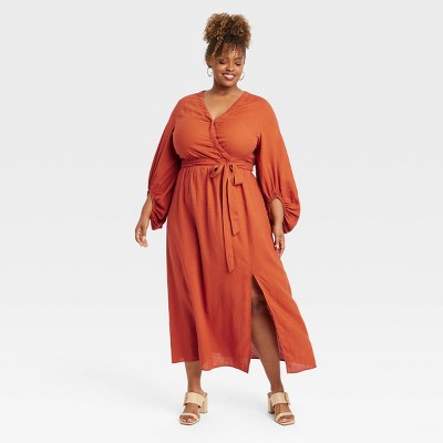 Women's Bishop Long Sleeve Maxi Wrap Dress - Ava & Viv™ Rust Xxl : Target