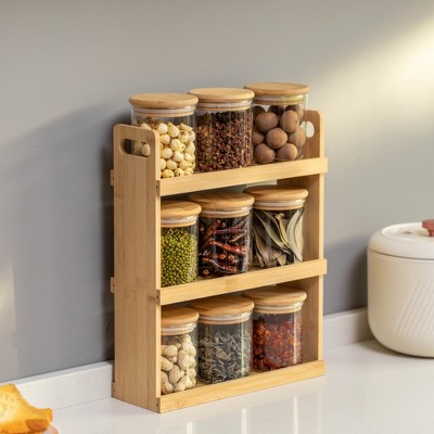 Natural Bamboo 3-Tier Spice Rack with Clear Glass Jars