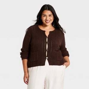 Women's Pointelle Lady Cardigan Sweater - A New Day™ Brown XXL