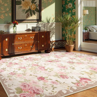 Lahome French Style Full Coverage Floral Area Rug Short Cashmere with Felt and TPE Backing for Living Room Bedroom Study Room Entryway-Pink-5'1"x7'