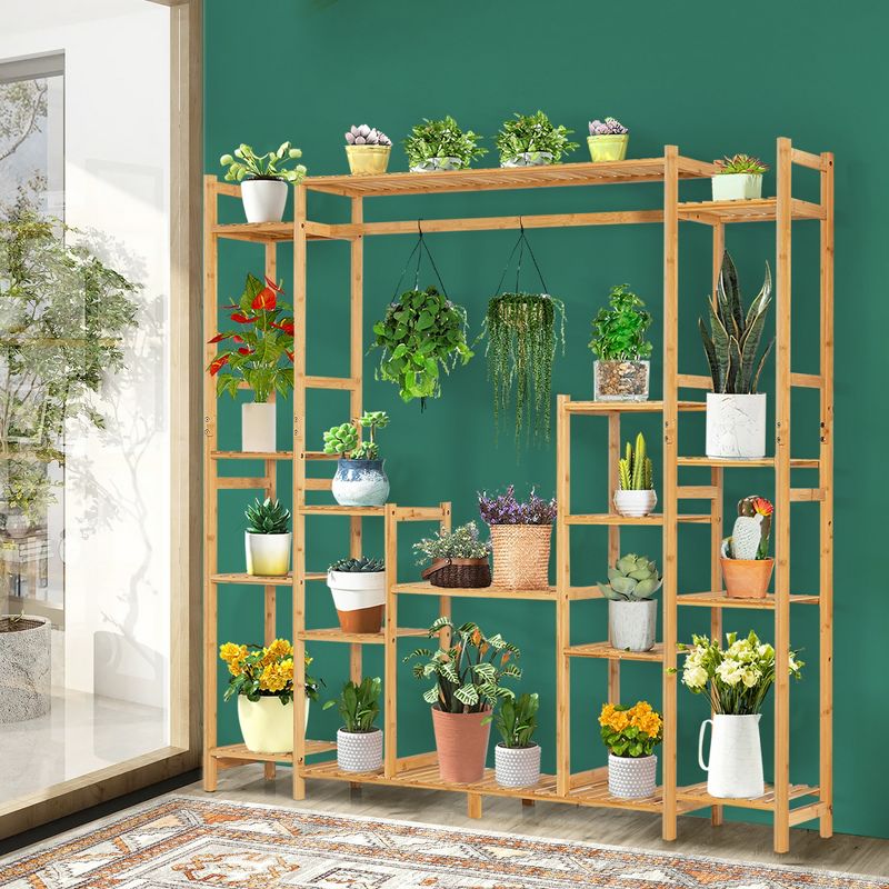 Costway 9-Tier Bamboo Plant Stand Potted Holder w/Hanging Rack Tall Display Shelf Unit, 2 of 11