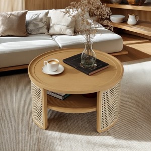 TIRAMISUBEST 2-Tier Round Coffee Table with Rattan Base, Wood Cocktail Table, Accent Center Table with Open Shelf - 1 of 4