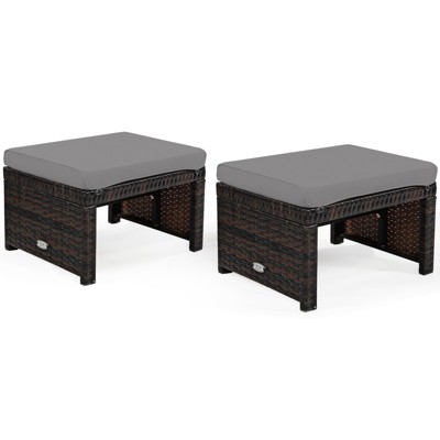 Tangkula 2 PCS Outdoor Wicker Ottoman Patio Rattan Furniture Metal Footrest Seat Square Footstool with Cushion