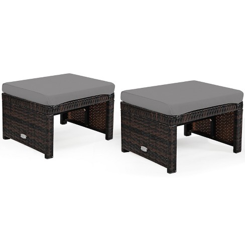 Tangkula 2 PCS Outdoor Wicker Ottoman Patio Rattan Furniture Metal Footrest Seat Square Footstool with Cushion Gray