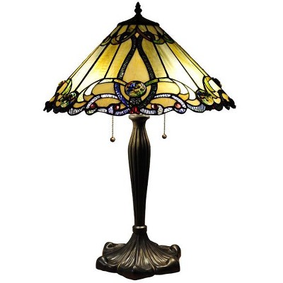 Victorian Amber Stained Glass Table Lamp with Bronze Base, 26 Inches