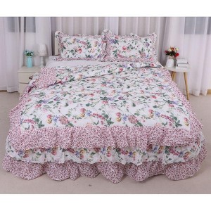 Luupatchy 3 Pc Cotton Bed Skirt Set, Pink Floral Printed, With 2 Pillow Cases, All-Season Bedding for Women & Home Bedrooms - 1 of 3