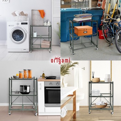 Pewter Heavy Duty Foldable 3-Tier Metal Shelf with Wheels