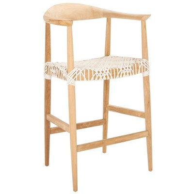 Curved Natural Teak & Woven White Leather Counter Stool