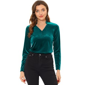 INSPIRE CHIC Women's Casual Soft Long Sleeve Button Decor V Neck Velvet Top - 1 of 4