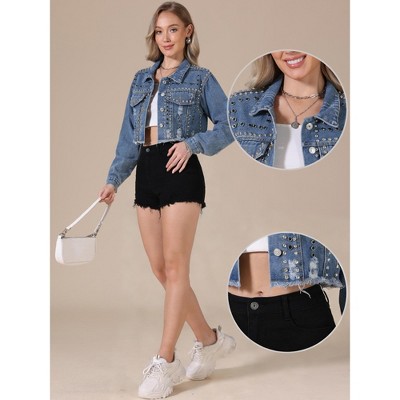 INSPIRE CHIC Women's Rivet Studded Denim Turndown Collar Long Sleeve Casual Wash Cropped Jean Jacket X-Large Light Blue — фото 2