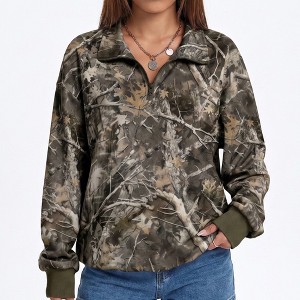 Anna-Kaci Women's Camo Print Quarter Zip Long Sleeve Pullover