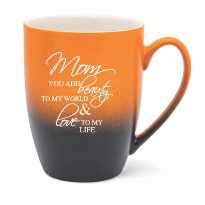 Elanze Designs Mom You Add Beauty To My World & Love To My Life Two Toned Ombre Matte 10 ounce New Bone China Coffee Tea Cup Mug, Orange and Black