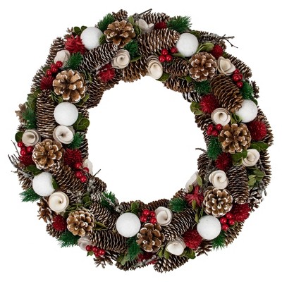 Northlight 19" Unlit White Frosted Pine Cone, Roses and Twigs Artificial Christmas Wreath