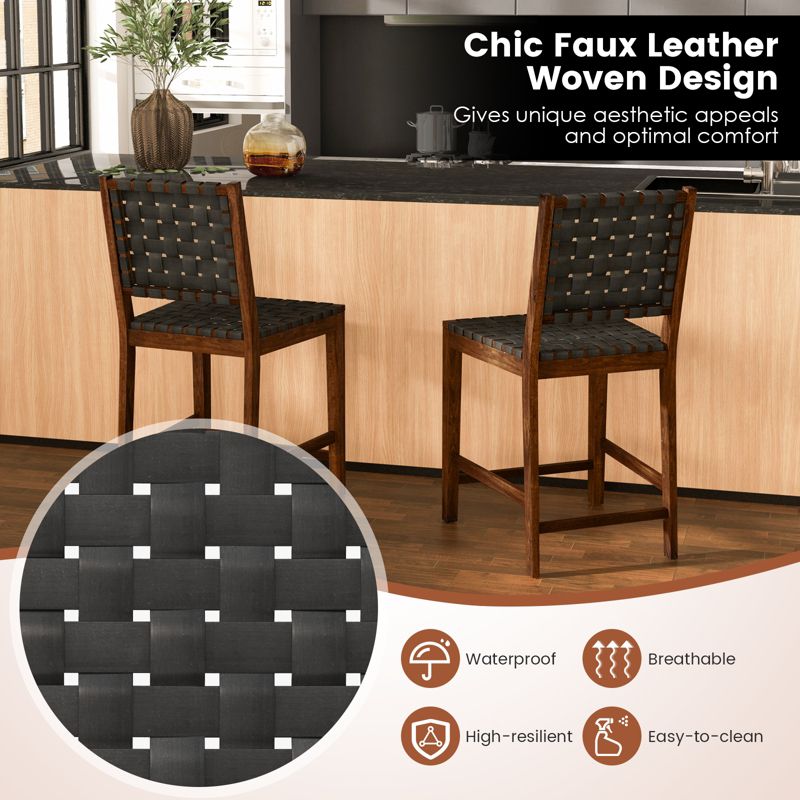 Tangkula Faux Leather Woven Bar Stools Set of 2/4 24 Inch Counter Height Bar Chairs with High Backrest Footrest, 5 of 9