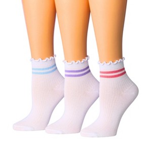 Tipi Toe Womens Vibrant Multicolored Stripes Turn-Cuff Solid Lettuce Edge Lightweight Quarter Length Ruffle Socks - 1 of 4