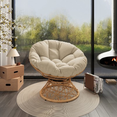 DOMETOUR Ergonomic Wicker Chair with Thick Cushion, 360° Swivel, High Capacity Iron Frame, for Living Room/Bedroom