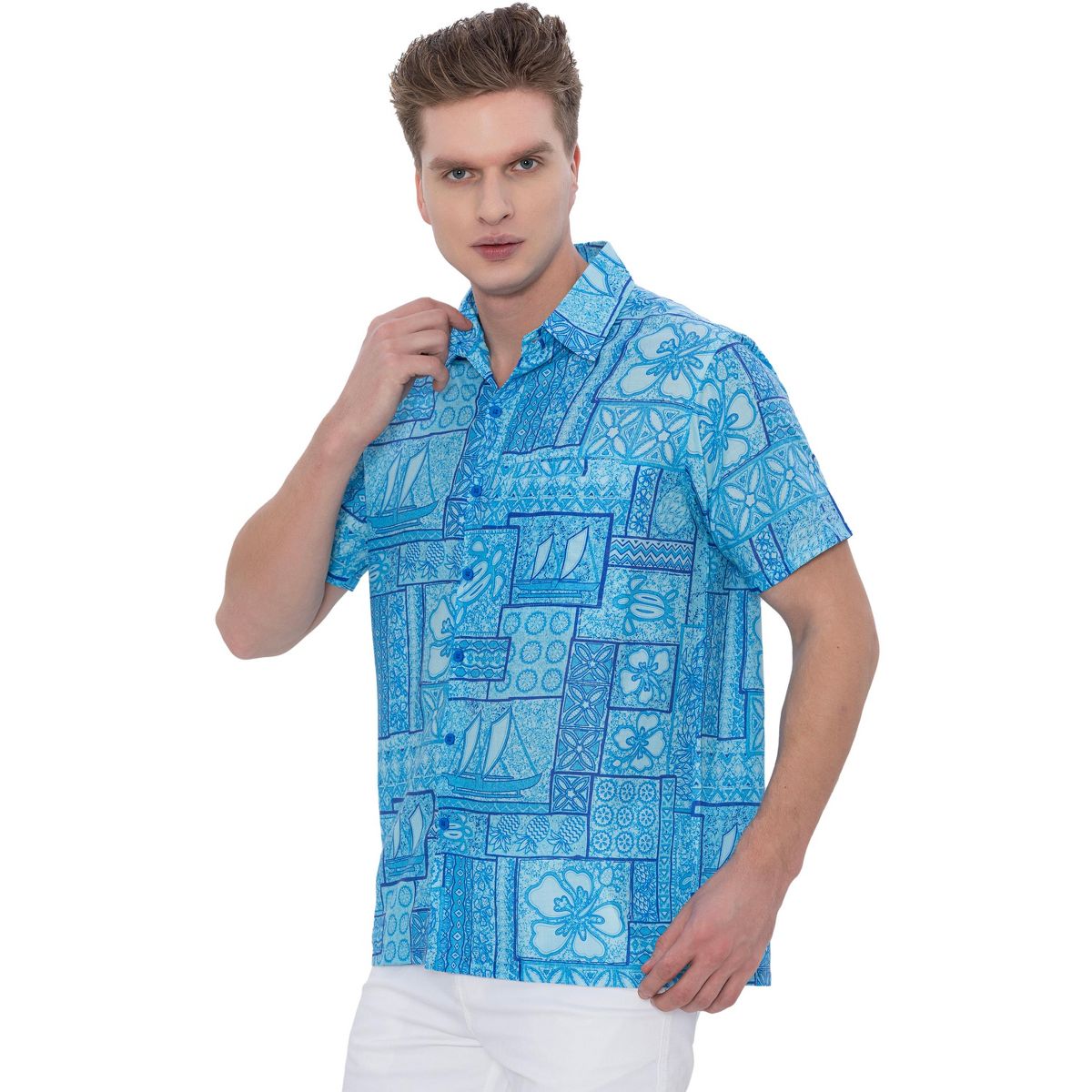 HAPPY BAY Men's Hawaiian Shirt Fashion Button Down Short Sleeves Holidays Aloha Party Casual Tops Summer Beaches Shirts for Men XXL Blue Floral - thumbnail 4