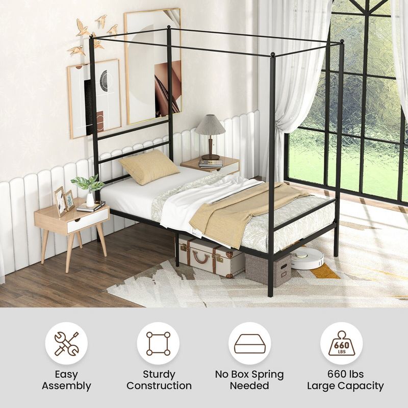 Tangkula Twin/Full/Queen Metal Canopy Platform Bed Frame Mattress Foundation w/ Slat Support, 5 of 11