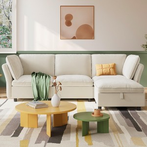 Sofa, 4-Seater L-Shaped Modular Sectional with Storage Ottoman – Comfy Cloud Couch Deep Seat Velvet for Living Room/Bedroom Beige - 1 of 4