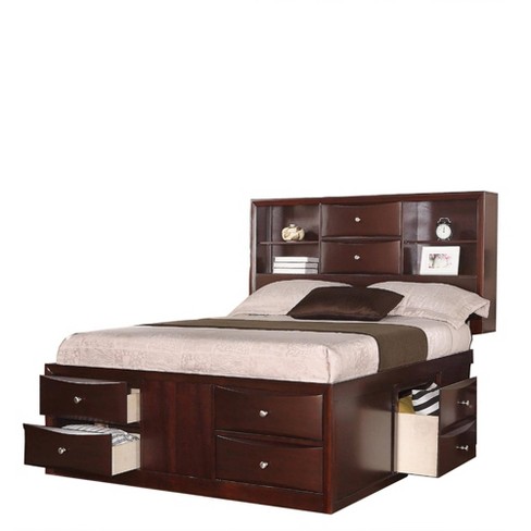 Queen Wooden Bed With Display Shelves Under Bed Drawers Brown