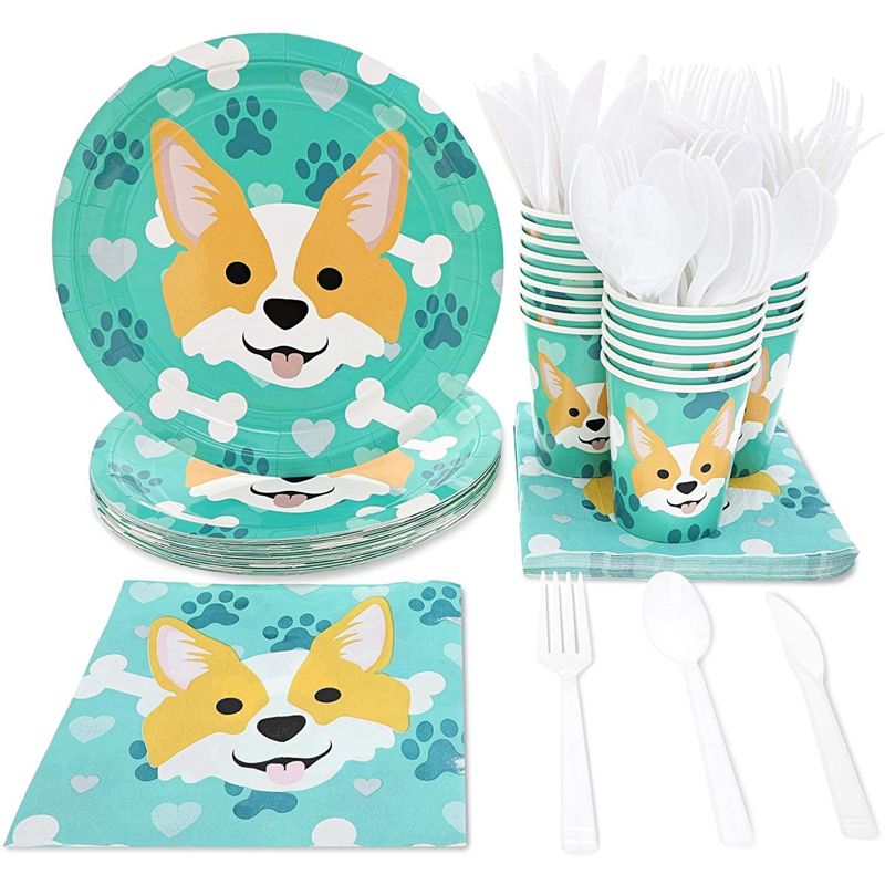 Blue Panda 144 Piece Puppy Dog Party Supplies, Corgi Birthday Decorations with Paper Plates, Napkins, Cups, and Cutlery (Serves 24), 1 of 10