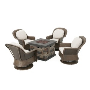Christopher Knight Home Alhambra Outdoor Wicker 5 Piece Swivel Club Chair and Fire Pit Set - 1 of 4
