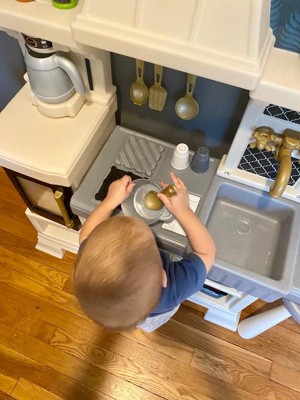 Step2 Gilded Gourmet Kitchen Playset For Kids Includes 20 Plus Toy Kitchen  Accessories Interactive Features For Realistic Pretend Play White Blue Gray  Modern Farmhouse Style Play Kitchen