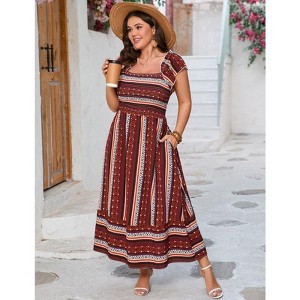 Coolmee Women Plus Size Casual Boho Striped Smocked Square Neck Short Sleeve High Waist Maxi Dress With Pockets - 1 of 4