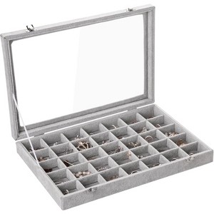 35-Grid Velvet Jewelry Tray with Clear Lid, Drawer Insert Organizer for Earrings & Rings, 13.8x9.5x2 Inches - 1 of 4