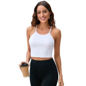 Women's Ribbed Halter Crop Top - Slim-Fit Sleeveless Racerback Tank for Casual & Streetwear - 1 of 4
