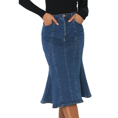 INSPIRE CHIC Women's High Waist Fishtail Ruffle Denim Jean Skirt
