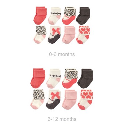 Luvable Friends Infant Girl Grow with Me Cotton Terry Socks, Pink Leopard, 0-6 and 6-12 Months