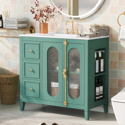36-Inch Bathroom Storage Cabinets With Sink,Wood Bathroom Vanity With 2 Soft Close Doors,Bathroom Floor Cabinets With 3 Drawers-Cuddlewood