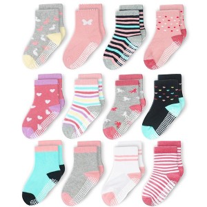 Cozyway Non-Slip Crew Grip Toddler Socks, 12 Pack for Girls, Hearts & Stripes, 1-3 Years Old - 1 of 4