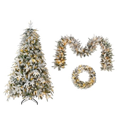 YOOCOZZ 3 Pieces  Christmas Decorations - Christmas Snow Flocked Tree 6ft, Snow Flocked Wreath, Xmas Snow Garland 9ft with Warm LED Lights