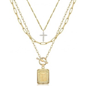 Layered Initial Necklace: 14K Gold Plated with Cross & Letter Pendant, Paperclip Chain, Trendy Jewelry for Women - 1 of 4