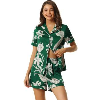 cheibear Women's Floral Button Down Shirt with Shorts Satin Pajamas Sets