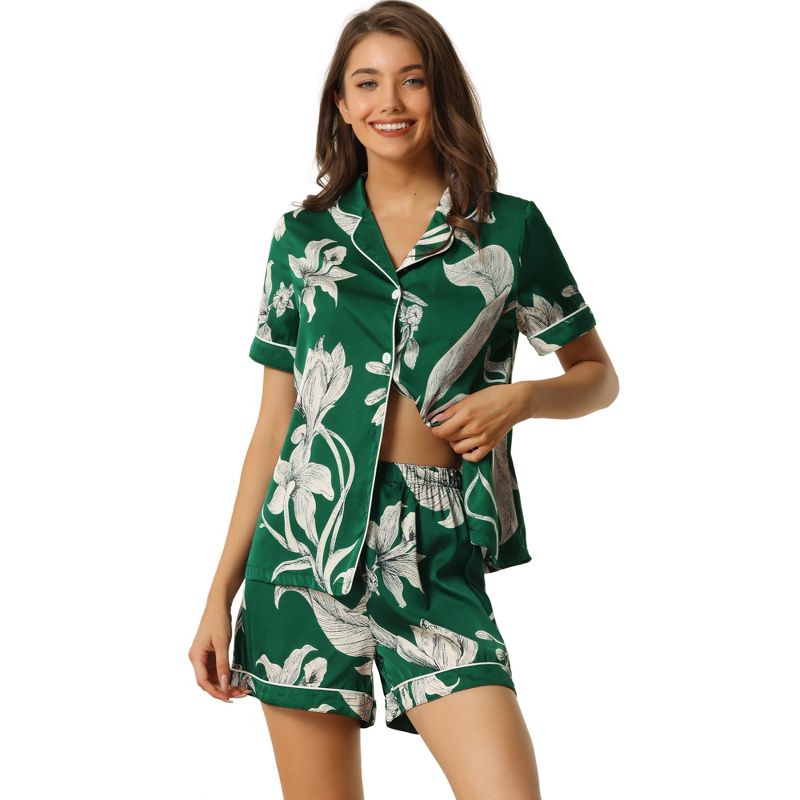 cheibear Women's Floral Button Down Shirt with Shorts Satin Pajamas Sets, 1 of 6