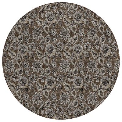 Chocolate And Charcoal Floral Washable Indoor Outdoor Area Rug