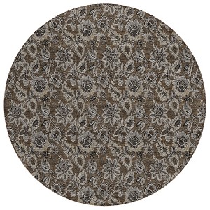 Chocolate And Charcoal Floral Washable Indoor Outdoor Area Rug - 1 of 4