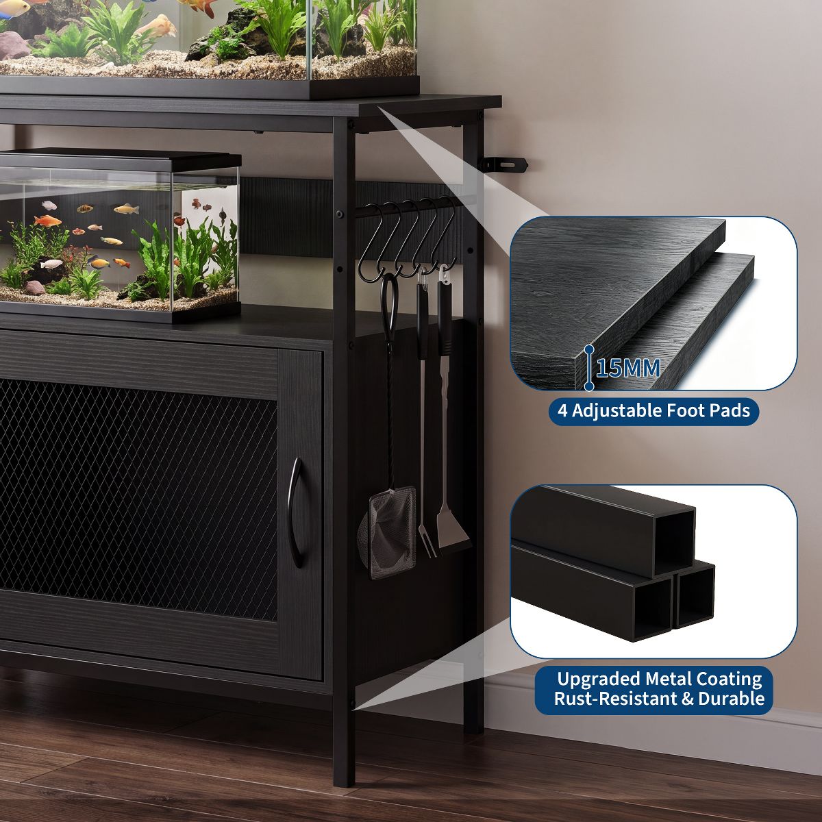Aquarium Stand with Power Outlet, Aquarium Stand with Storage Cabinet Hooks, 380 Lbs Capacity Reptile Terrarium Stand for Home Office Living Room - thumbnail 4