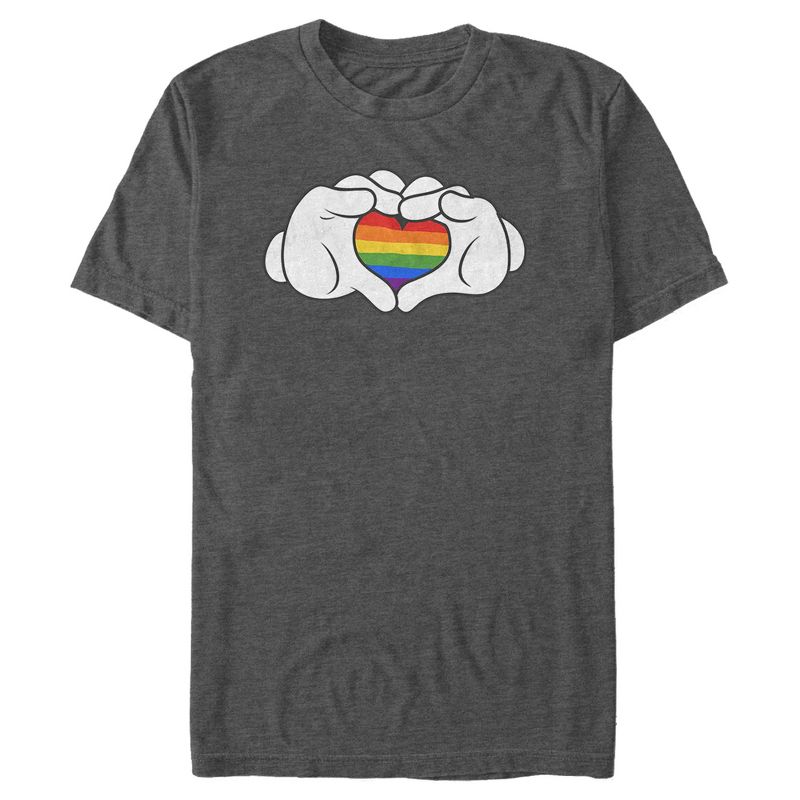 Men's Mickey & Friends Mickey Mouse Glove Rainbow Heart T-Shirt, 1 of 5