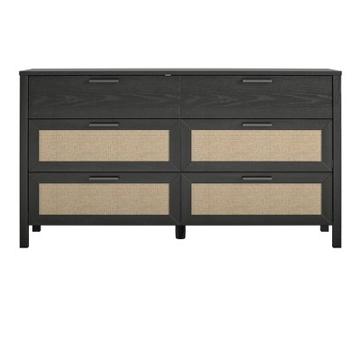 Ameriwood Home Wimberly 6-Drawer Dresser, Black Oak with Faux Rattan