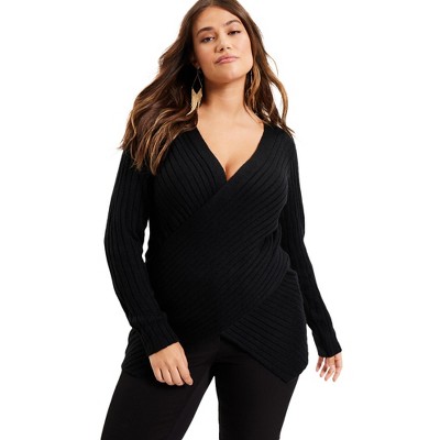 June + Vie by Roaman's Women's Plus Size Crossover Sweater, 10/12 - Black