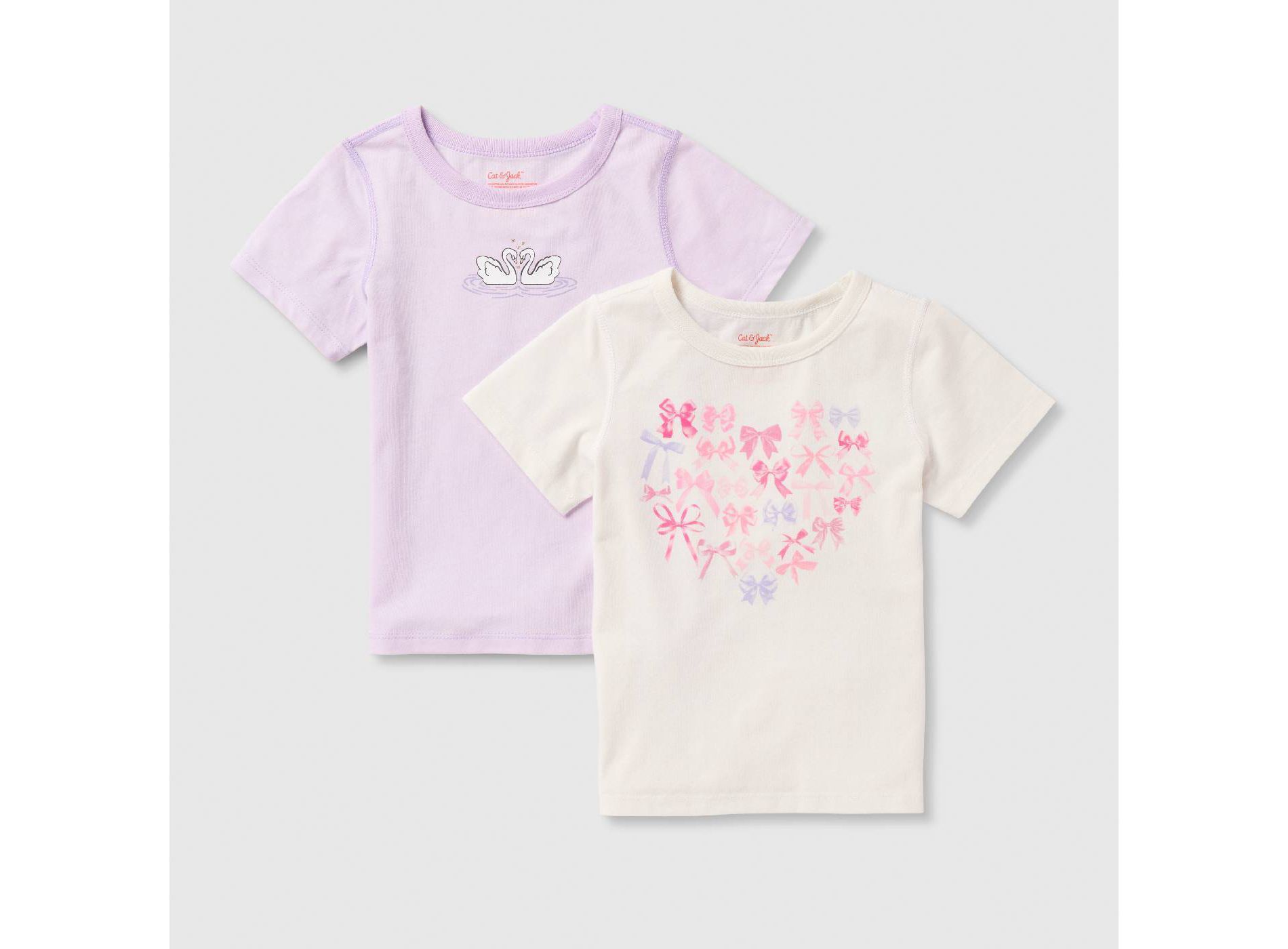 Toddler Girls' 2pk Adaptive Short Sleeve 'Swans/Bows' Graphic T-Shirt - Cat & Jack™ Light Purple/Cream 2T