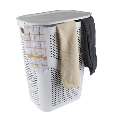 White Plastic Collapsible Upright Laundry Hamper with Lid