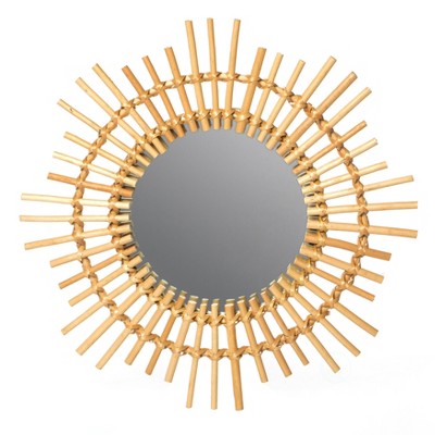 Fabulaxe Sunburst Decorative Natural Rattan Wood Round Modern Boho Hanging Wall Mirror