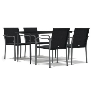 vidaXL Patio Dining Set Table and Chair with Cushions Poly Rattan and Steel - Black 63" Table Length 4 Chairs - 1 of 4